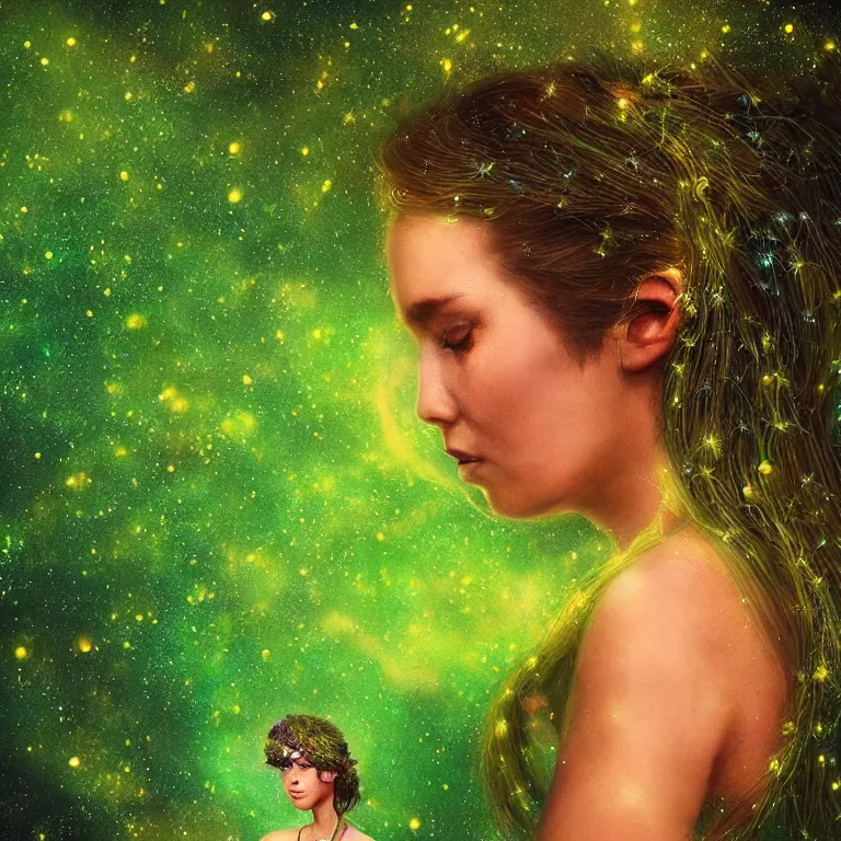 Image similar to beautiful portrait of a single woman with fireflies and stars in her hair, blooming green slopes and lianas in the background, highly detailed, hdr, 8 k resolution, fantasy art, trending on instagram