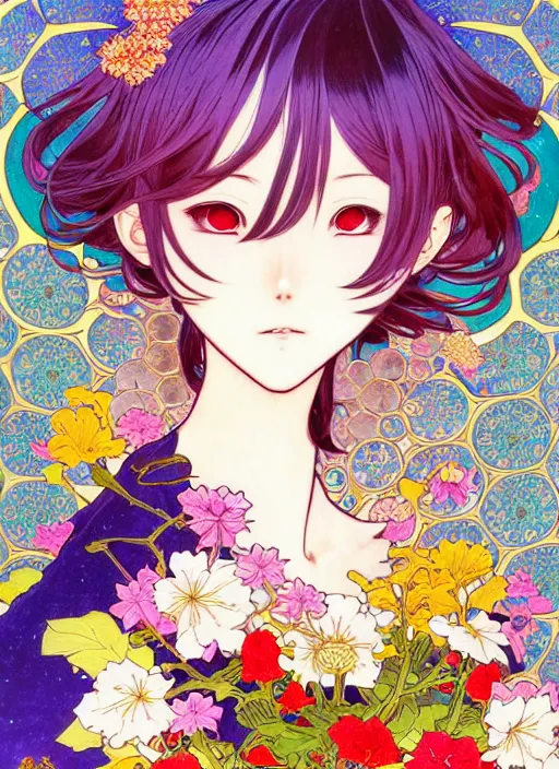 Prompt: exquisite imaginative manga poster art of genshin impact, flowers, pearlescent, shimmering, reflective, rim light, detailed background, by kojima ayami, shigenori soejima, minaba hideo, alphonse mucha, art nouveau, illustration, artstation, concept art, highly detailed, colorful, maximalist