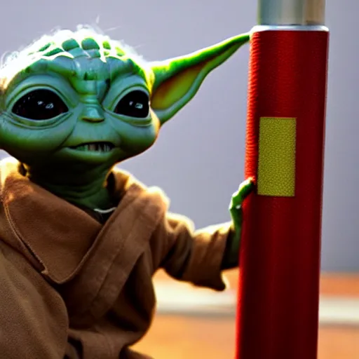 Image similar to baby yoda hanging out with iron man