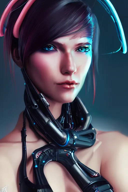 Prompt: portrait of a cyberpunk woman with biomechanichal parts by Artgerm, cyberpunk city, hyper detailled, trending on artstation