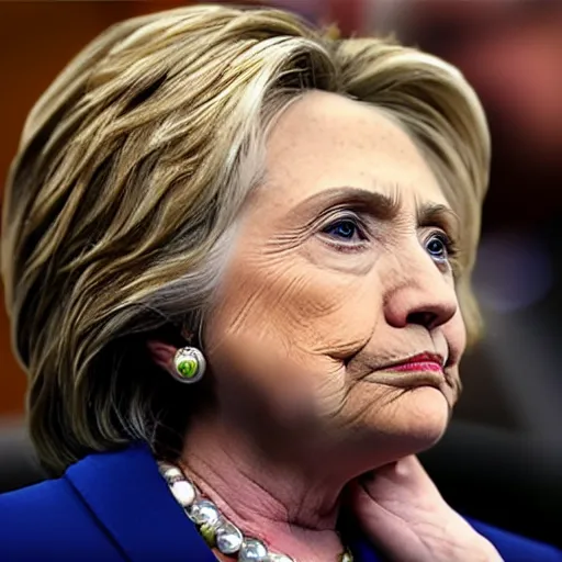 Prompt: hillary clinton with tears on her cheek in parliament 4 k realistic phote