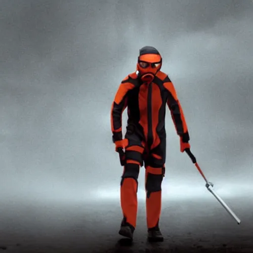 Image similar to Film still of Hugh Laurie dressed up as Gordon Freeman in an HEV Suit holding a crowbar for the Half Life Movie with a dark and foggy background, 4k resolution, 8k resolution, HD Quality, highly detailed, very detailed, detailed, studio quality lighting, digital art, trending on artstation, Dramatic, Dramatic Lighting, Dramatic Angle, Epic, film still