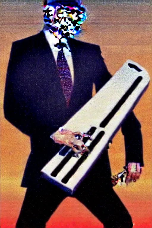 Prompt: Vladimur Putin rocking the Keytar in the style of Frank Frazetta