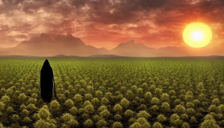 Prompt: the grim reaper walking in a cannabis field, sunset, global illumination, hyper - realistic, insanely detailed and intricate, cinematic, 8 k