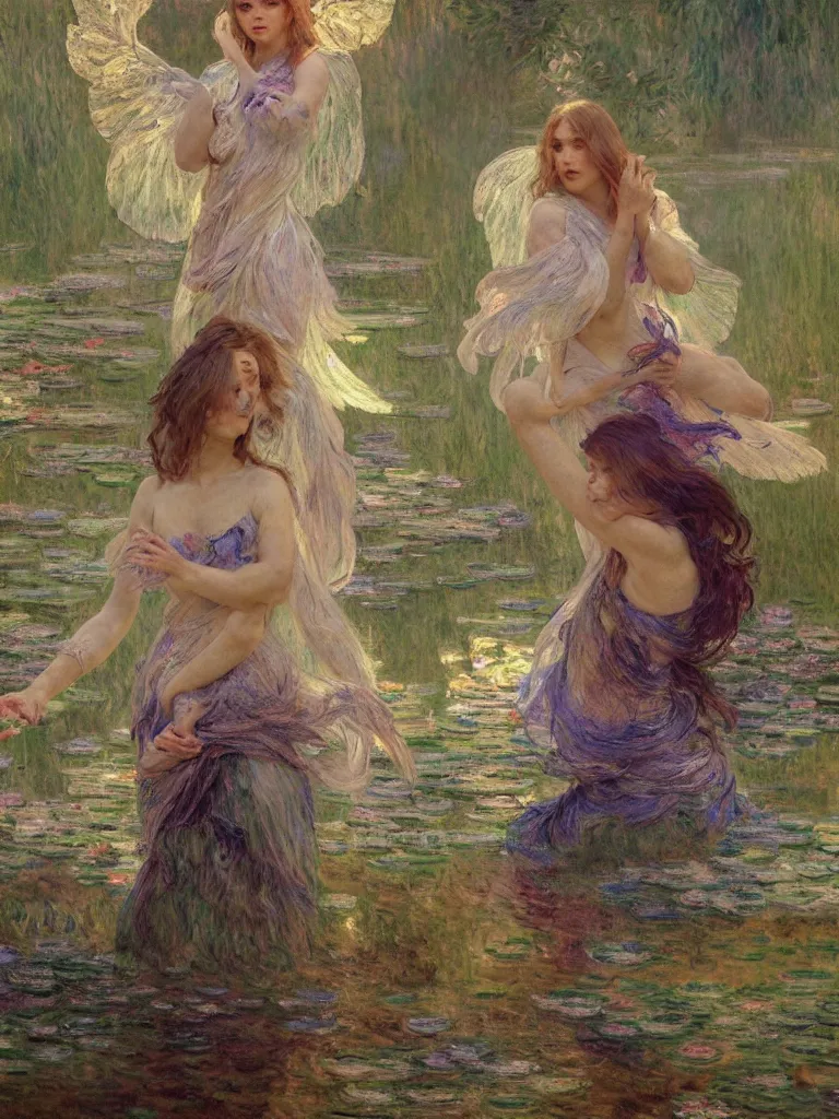 Image similar to illustration studio portrait of three beautiful seraphim female energy in artistic poses in a pond in nature, monet painterly motives and textures pattern, hyper detailed, octane render, vivid colors, artstation, by jeremy mann, by alphonse mucha, by monet