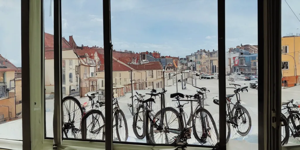 Prompt: looking out a window there's a building and bicycles and cars