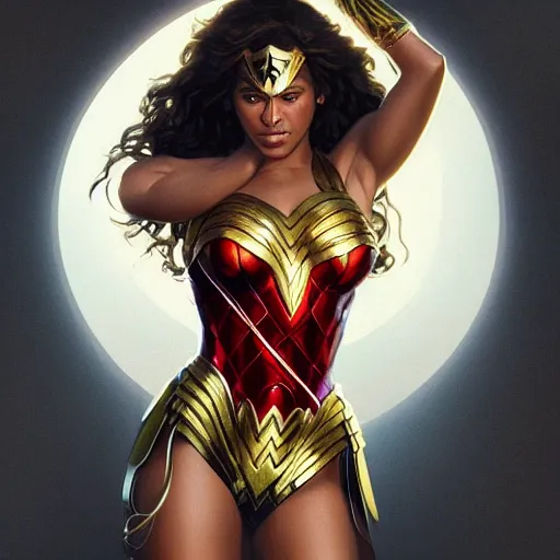 Image similar to full figure ultra realistic illustration, beyonce as wonder woman, beautiful, intricate, elegant, highly detailed, digital painting, artstation, concept art, smooth, sharp focus, illustration, art by artgerm and greg rutkowski and alphonse mucha