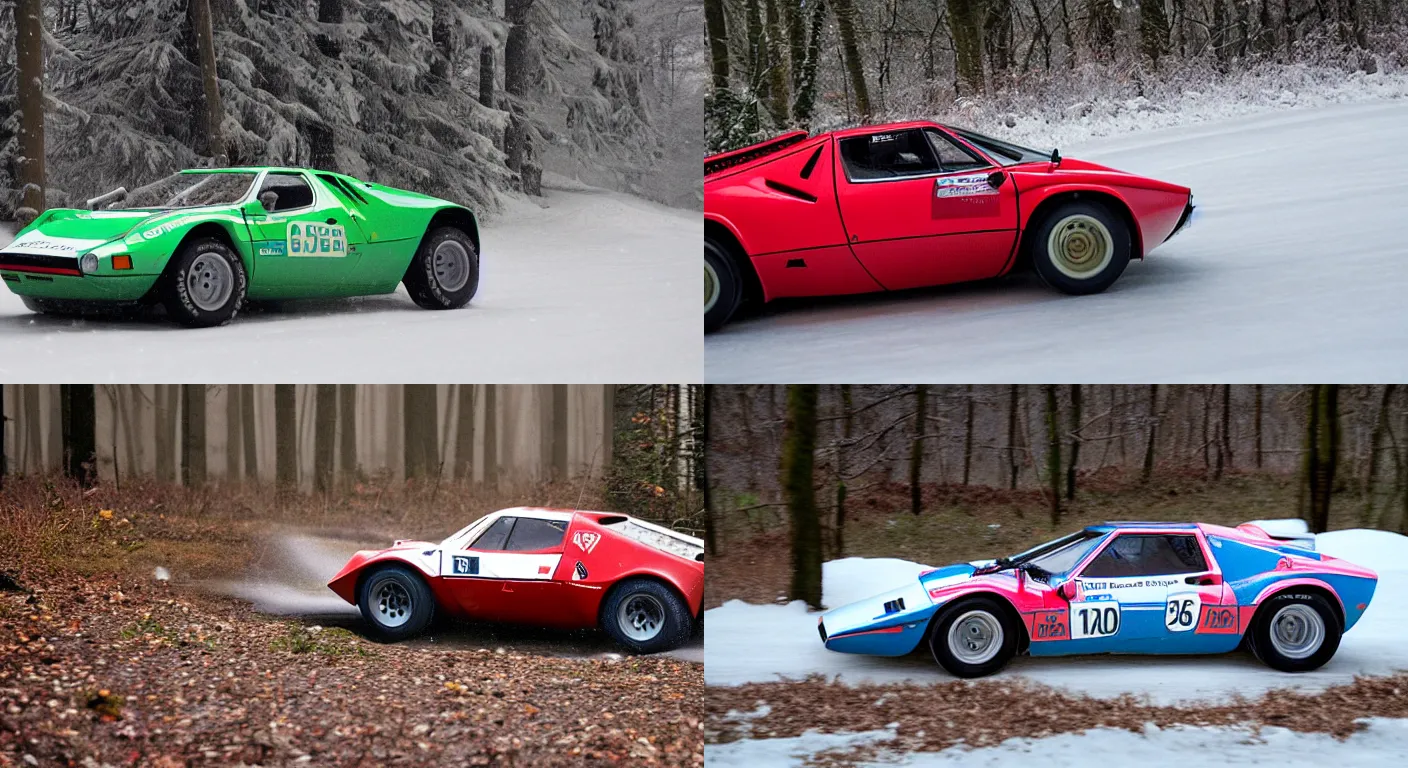 Prompt: a 1 9 7 4 lancia stratos hf stradale, racing through a rally stage in a snowy forest