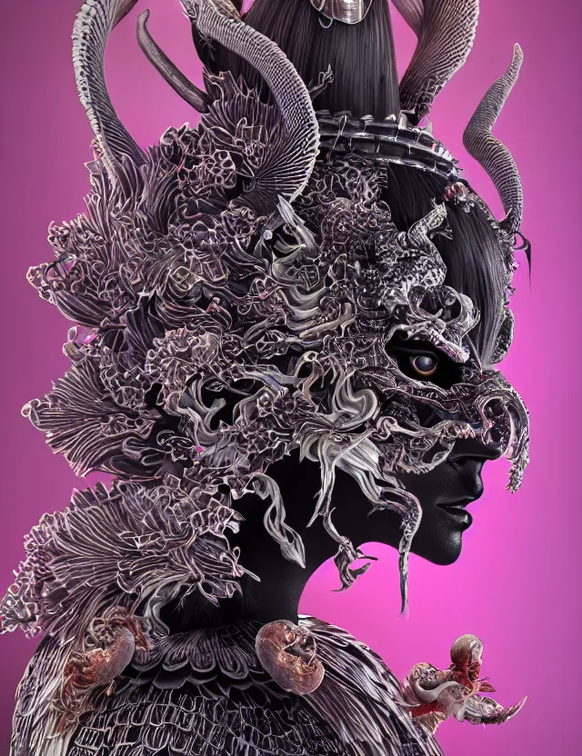 Image similar to 3 d goddess close - up profile satan biohazard portrait with crown, ram skull. beautiful intricately detailed japanese crow kitsune mask and clasical japanese kimono. betta fish, jellyfish phoenix, bio luminescent, plasma, ice, water, wind, creature, artwork by tooth wu and wlop and beeple and greg rutkowski