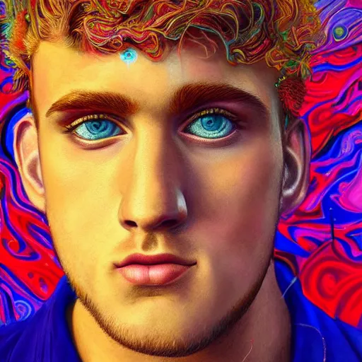 Prompt: an extremely psychedelic portrait of jake paul, surreal, lsd, face, detailed, intricate, elegant, lithe, highly detailed, digital painting, artstation, concept art, smooth, sharp focus, illustration