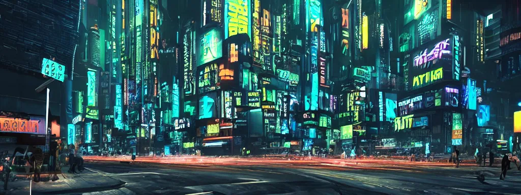 Prompt: A magnificent dark neon futuristic cyberpunk city bustling street at night made in cinema4d, masterpiece, hyper realistic, extreme details, cinematic
