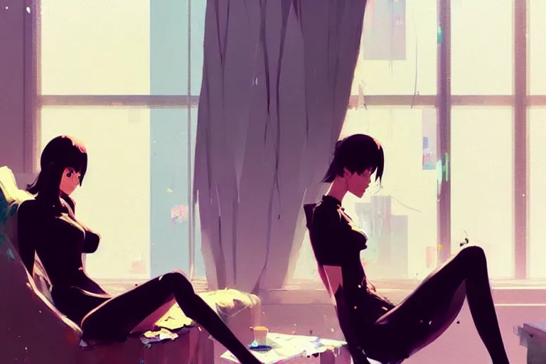 Image similar to a ultradetailed beautiful panting of a stylish woman sitting in a messy apartment, by makoto shinkai, conrad roset and greg rutkowski, trending on artstation