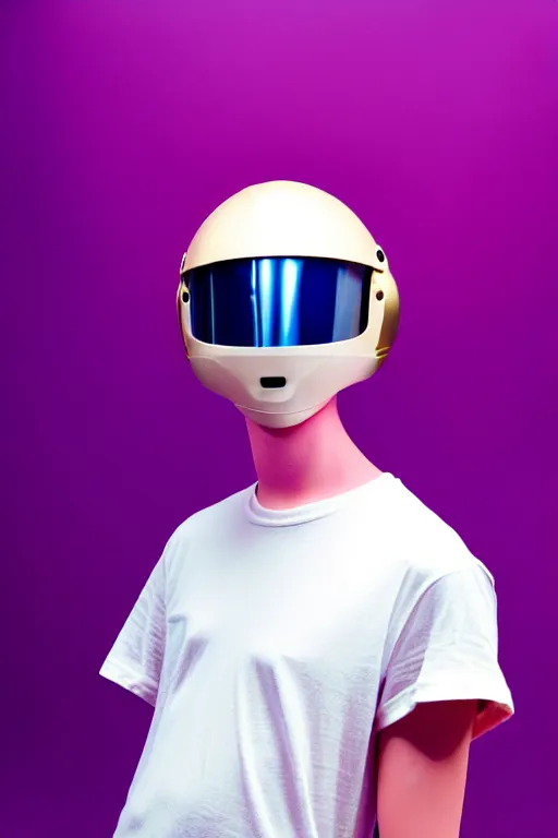 Image similar to a high definition film photograph of a normal androgynous robot human wearing a plain white t - shirt, in a pastel pink room. happy. metal visor covering eyes. metallic shiny gold coloured helmet. crushed shadows.