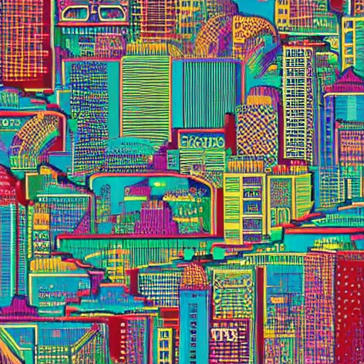 Prompt: A microscopic city on the surface of a computer screen coherent artwork style of Pi-Slices