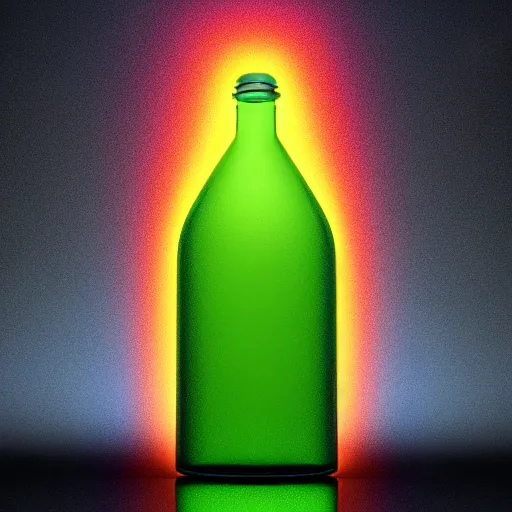 Image similar to a bottle full of a glowing rainbow liquid, high resolution, render, photorealistic