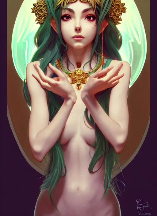 Image similar to portrait from left, head and body only, palutena, piercing eyes, concept art, digital illustration, by rossdraws, frank franzzeta, intricate, masterpiece, elegant, hyper detailed, artstation, unreal engine rendered, concept art, smooth, sharp focus, illustration, art by artgerm and greg rutkowski and alphonse mucha and garis edelweiss