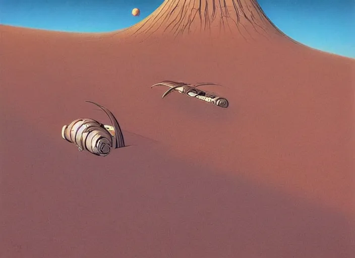 Prompt: ( ( ( ( ( dune 2 0 2 1 matte painting, sci - fi illustration, sci - fi environment, planets, desert scene, painting, highly detailed, psychedelic ) ) ) ) ) by ralph mcquarrie and moebius!!!!!!!