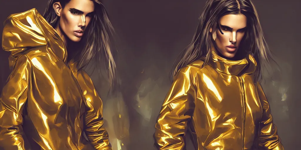 Image similar to cyberpunk, cyberspace, portrait of alessandra ambrosio in gold space suit, painted by bobby chiu, painted by igor kieryluk, digital art, trending on artstation