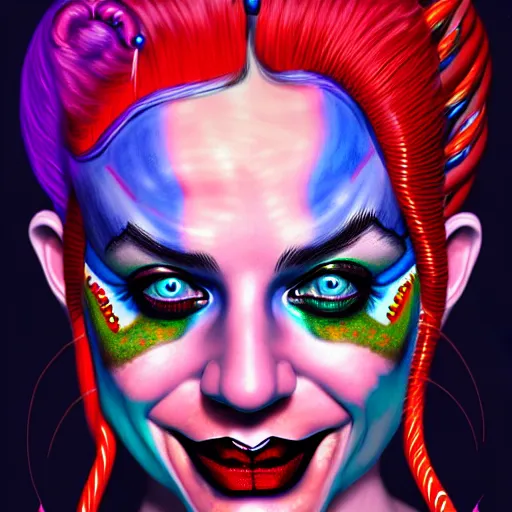 Image similar to an extremely psychedelic portrait of harley quinn as medusa, surreal, lsd, face, detailed, intricate, elegant, lithe, highly detailed, digital painting, artstation, concept art, smooth, sharp focus, illustration