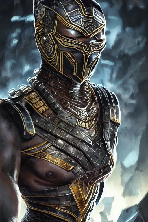 Prompt: ultra realistic illustration of wakandan warrior in mortal kombat style armor, hacknaut cyberpunk, sci - fi, fantasy, intricate, elegant, highly detailed, digital painting, artstation, concept art, smooth, sharp focus, illustration, art by artgerm and greg rutkowski and alphonse mucha