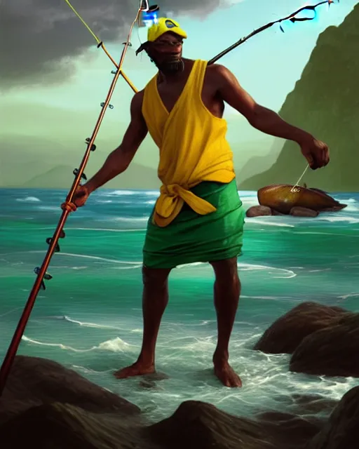 Image similar to fisherman, male, athletic, Jamaican, wide angle, master of the sea, magical fishing rod weapon, D&D, fantasy, jamaican colors yellow green black red, intricate, elegant, highly detailed, digital painting, artstation, octane render, concept art, matte, sharp focus, illustration, hearthstone, art by Artgerm and Greg Rutkowski and Alphonse Mucha