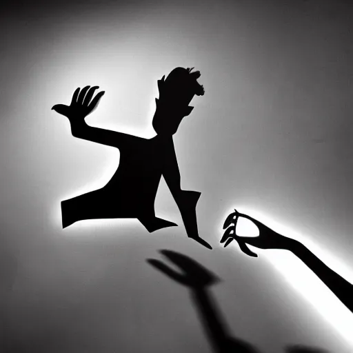 Image similar to shadow puppets come to life in, comedy, horror, HDR, dynamic contrast