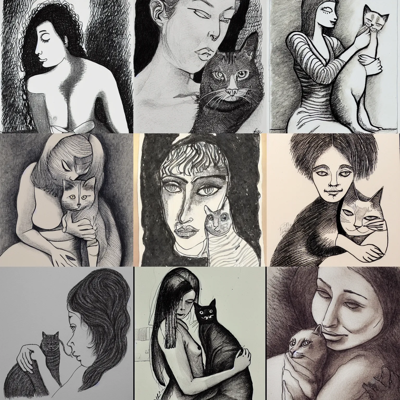 Prompt: woman and cat pen and inkdrawing by francois arnal