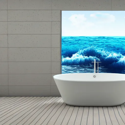 Prompt: an ocean with big waves inside a bathtub, digital painting, high contrast, unreal engine render, volumetric lighting, high détail