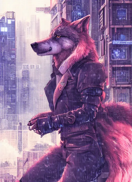 Image similar to character portrait of a male anthro wolf fursona with a tail and a cute beautiful attractive detailed furry face wearing stylish cyberpunk clothes in a cyberpunk city at night while it rains. hidari, color page, tankoban, 4K, tone mapping, Akihiko Yoshida.