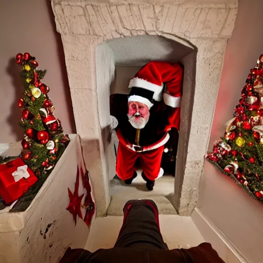 Image similar to A demented evil looking Santa Claus emerging upside down from a chimney mantle on Christmas night, house cam footage, fisheye lens, hyperrealistic