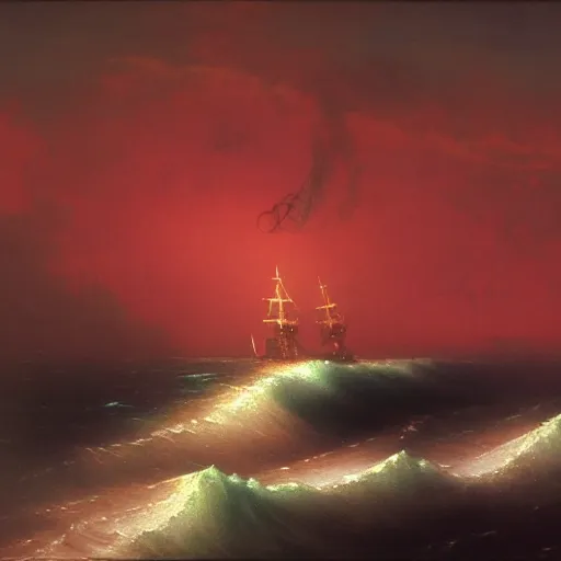 Image similar to bloody ocean, rusted iron ship sinking in red blood ocean, by Ivan Aivazovsky, junji ito, hd 8k