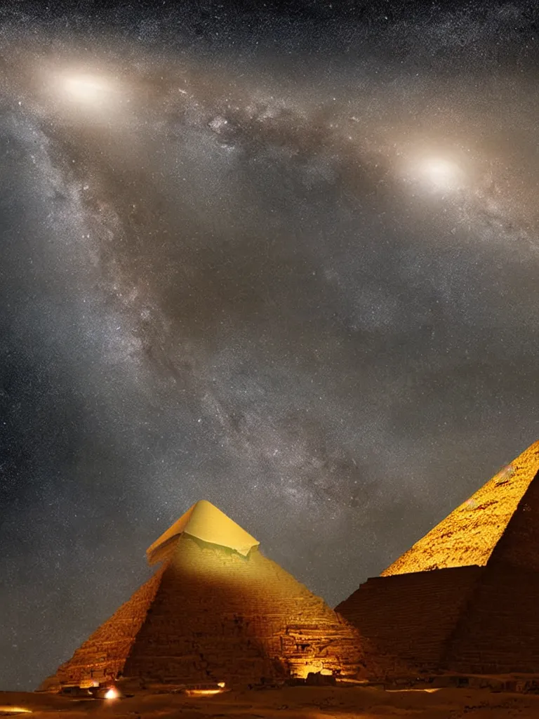 Prompt: alien mothership hovering over egypt pyramids hyperrealistic dark tones bright night milky way visible