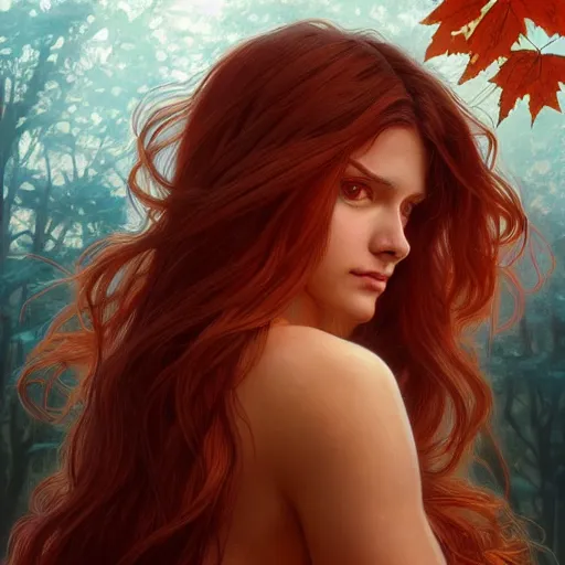 Image similar to girl with super long hair, hair becoming autumn red leaves, intricate, highly detailed face!!, digital painting, artstation, concept art, smooth, sharp focus, illustration, unreal engine 5, 8 k, art by artgerm and greg rutkowski and alphonse mucha