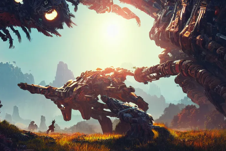 Prompt: snapmaw machine creature robot of horizon forbidden west horizon zero dawn radiating a glowing aura global illumination ray tracing hdr fanart arstation by ian pesty and alena aenami artworks in 4 k