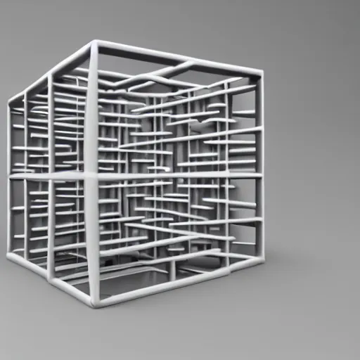 Image similar to 3D render of a 3-dimensional cube maze made out of metal, white background