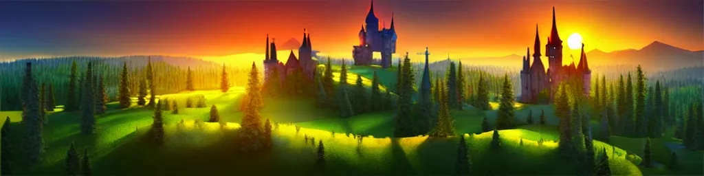 Prompt: a beautiful digital matte painting background of a fantasy castle, summer, sunset, forest, landscape - scenery, flat, low poly