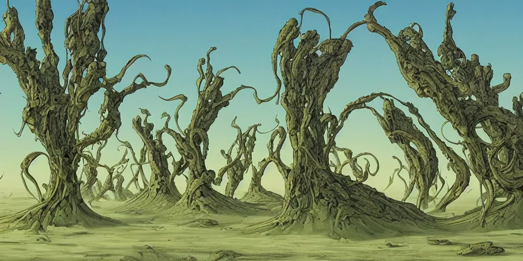 Prompt: alien landscape where strange plants have begun to grow, Moebius