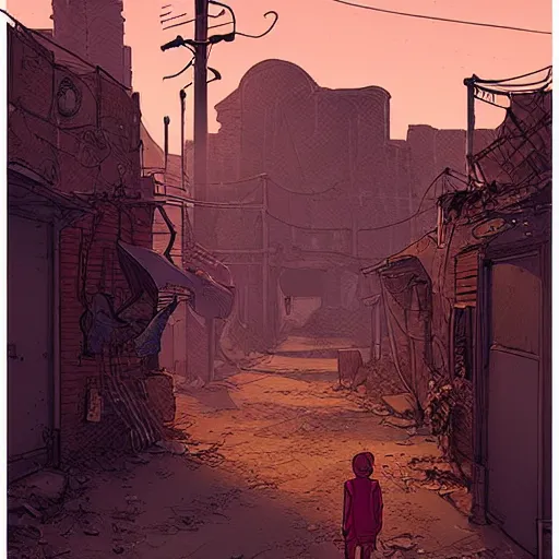 Image similar to an illustration of an abandoned alleyway. slum town on an alien desert world. beautiful lighting. moebius. digital illustration.