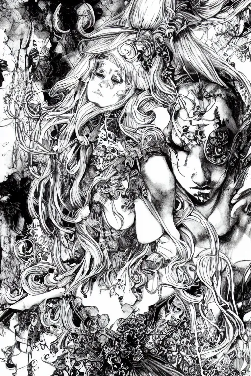 Image similar to Synthwave Alice in wonderland , pen and ink, intricate line drawings, by Yoshitaka Amano, Ruan Jia, Kentaro Miura, Artgerm, watercolor