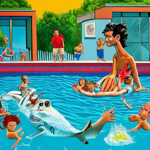 Prompt: sharks in a pool with a family outside during a cook out, in the style of ron english, in the secondary style of matt bors, by david wojnarowicz, shock art, poster art, 8 k concept art, trending on behance