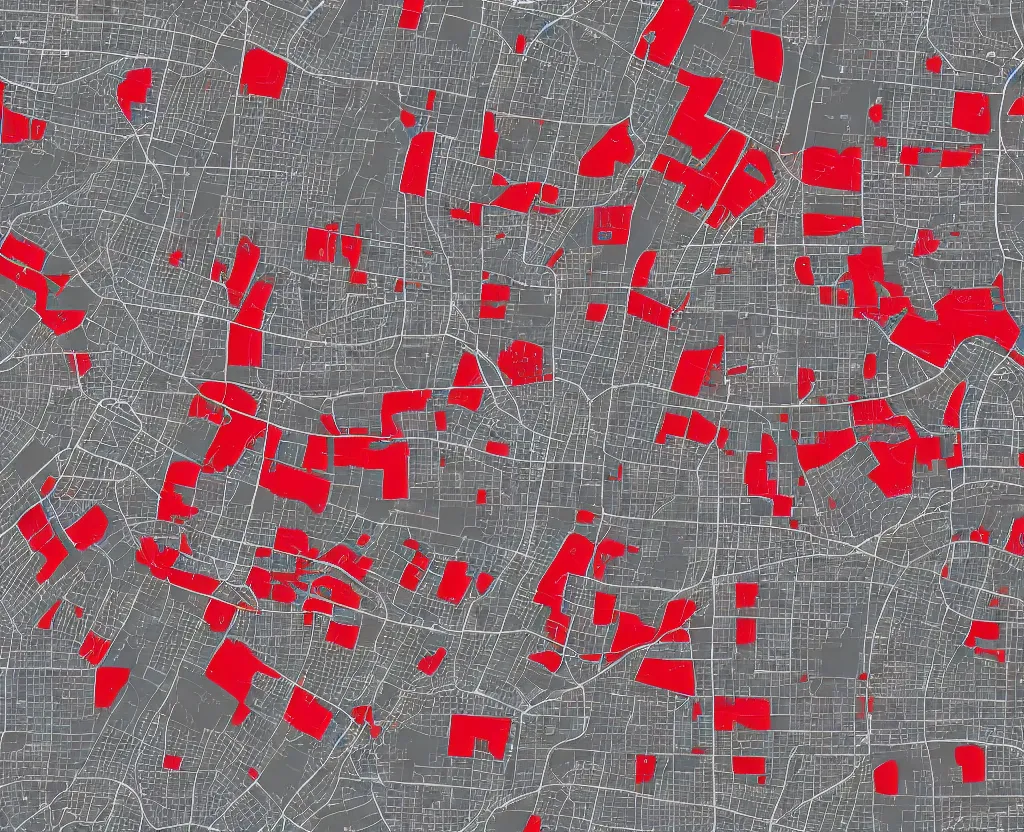 Prompt: Vector Taupe on DarkGrey Streets Satellite Map, showing the location of every house with a red icon, vector graphics, 8k