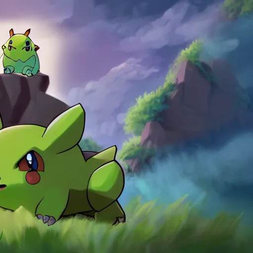 Prompt: Cinematic view of bulbasaur fighting with pikachu on a cliff, hyperdetailed, artstation, fury