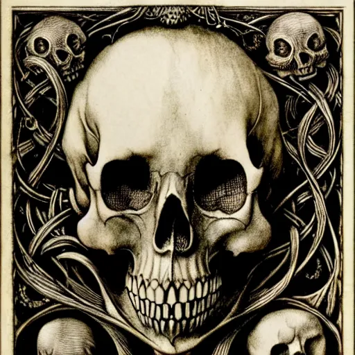 Image similar to memento mori by arthur rackham, detailed, art nouveau, gothic, ornately carved beautiful skull dominant, intricately carved antique bone, art nouveau botanicals, ornamental bone carvings, art forms of nature by ernst haeckel, horizontal symmetry, arthur rackham, ernst haeckel