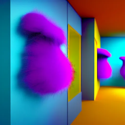 Image similar to : colorful abstract fuzzy sculpture on the wall in modern architecture studio, cinematic lighting, hyper - realistic, detailed, render by c 4 d octane, unreal engine, 8 k 3 d render