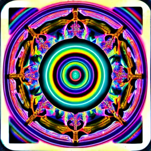 Image similar to vintage polaroid style image of neon mandala sacred geometry fractals