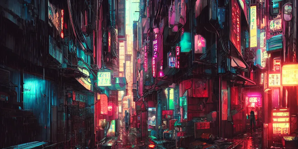 Image similar to Cyberpunk back alley with minimal number of neon lighting on a rainy day in Japan, low angle view, detailed matte painting, cinematic, Moebius, Artstation