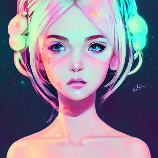 Image similar to girl portrait, elven princess, head and shoulders, matte print, pastel pink, neon highlights, digital art, cute freckles, digital painting, fan art, elegant, pixiv, by Ilya Kuvshinov, daily deviation, IAMAG