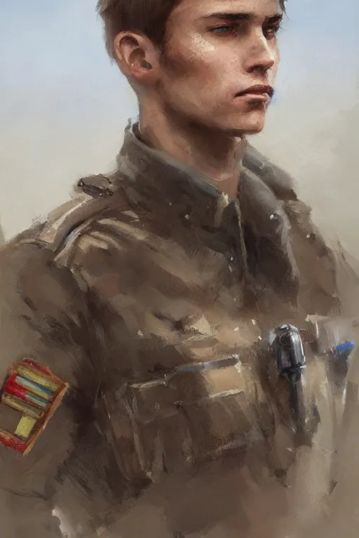 Prompt: Young man with brown hair and blue eyes, wearing a military uniform, by Greg Rutkowski, oil painting, trending on artstation