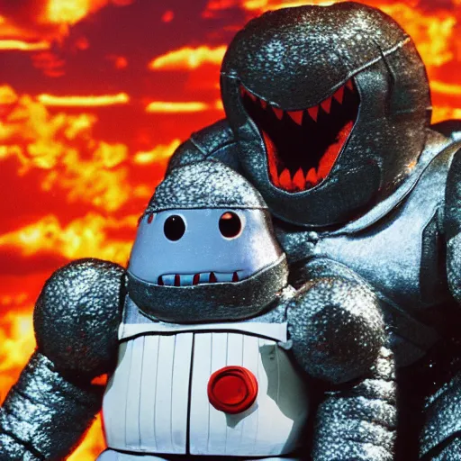 Image similar to color photograph of mechagodzilla fighting the giant Stay Puft Marshmallow Man