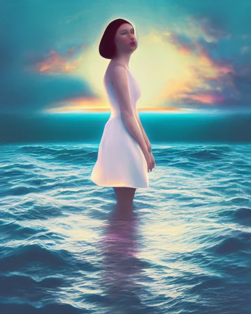 Image similar to a woman in a white dress standing in the water, an album cover by stanley twardowicz, trending on cg society, retrofuturism, retrowave, chillwave, synthwave